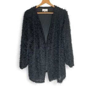 E7- Skies Are Blue Black Textured hairy fuzzy Open-Front Cardigan Plus 1X